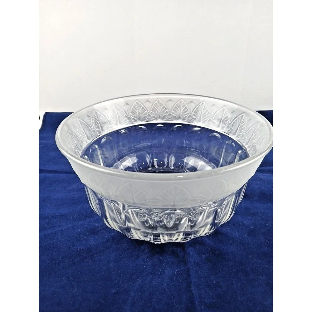 Vintage 10 Inch Pressed Glass Bowl Frosted Raised Pattern Heavy Glass Serving Bo